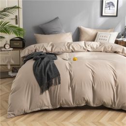 Simple Style Bedding 4 Piece Quilt Cover Sheet Pillowcase Cotton Spring Summer Autumn Winter Solid Two-color Student Dormitory (Color: Khaki, size: 220x240cm 4-piece)