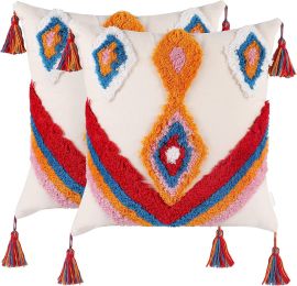 Boho Tufted Pillow Cover 18 x 18 Inches 1/2PCS Throw Pillowcase Handmade Colorful Decorative Cushion Case with Tassel for Sofa Couch Chair Bed (Style: Boho Diamond, Quantity: 2)