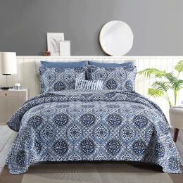 Cotton Quilt Set 3PCS Reversible Bedspread Lightweight Coverlet Set for Queen/Full Size Bed All Season Use (Color: Blue White Porcelain, size: QUEEN)